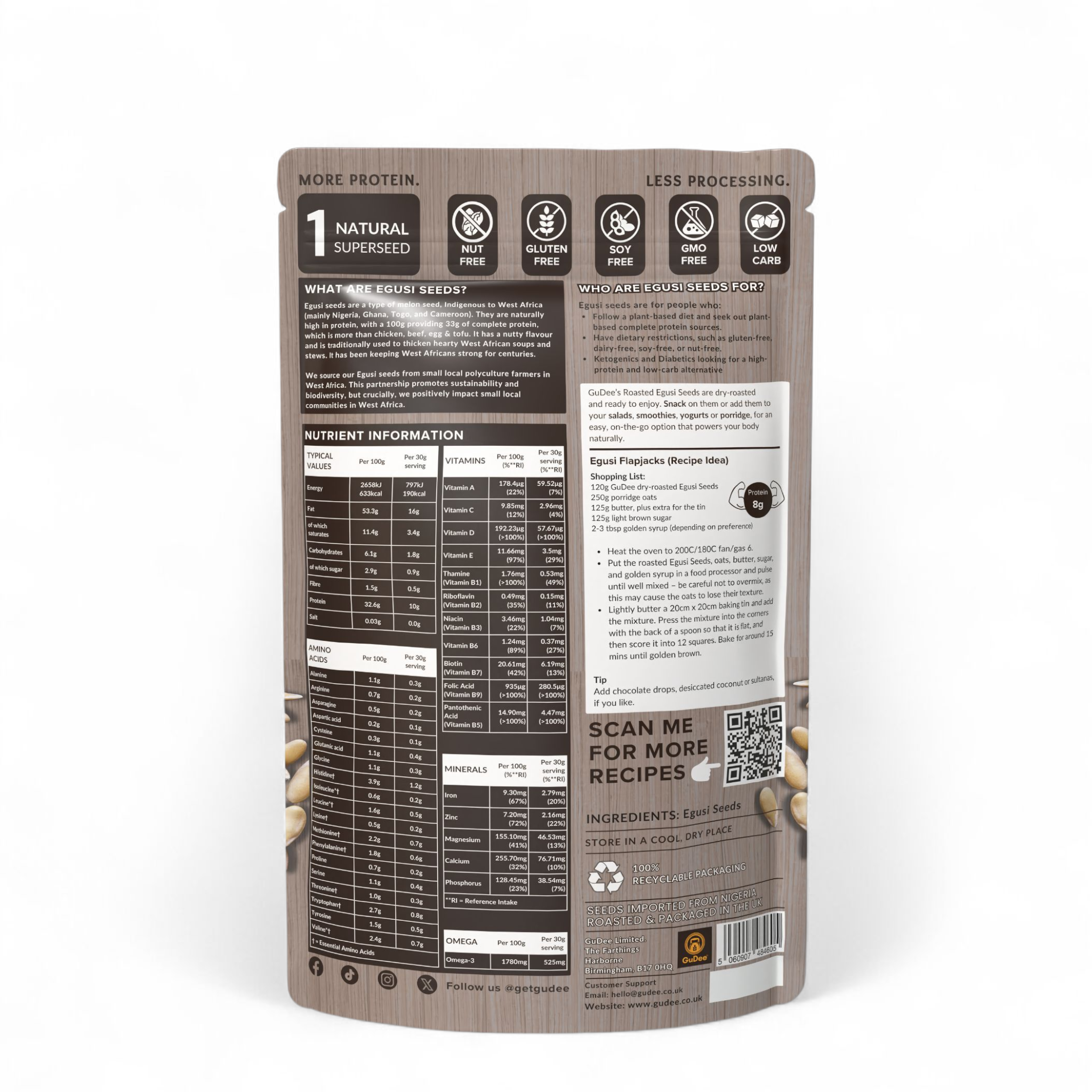 250g Pack of GuDee High Protein Dry Roasted Egusi Seeds on a white background