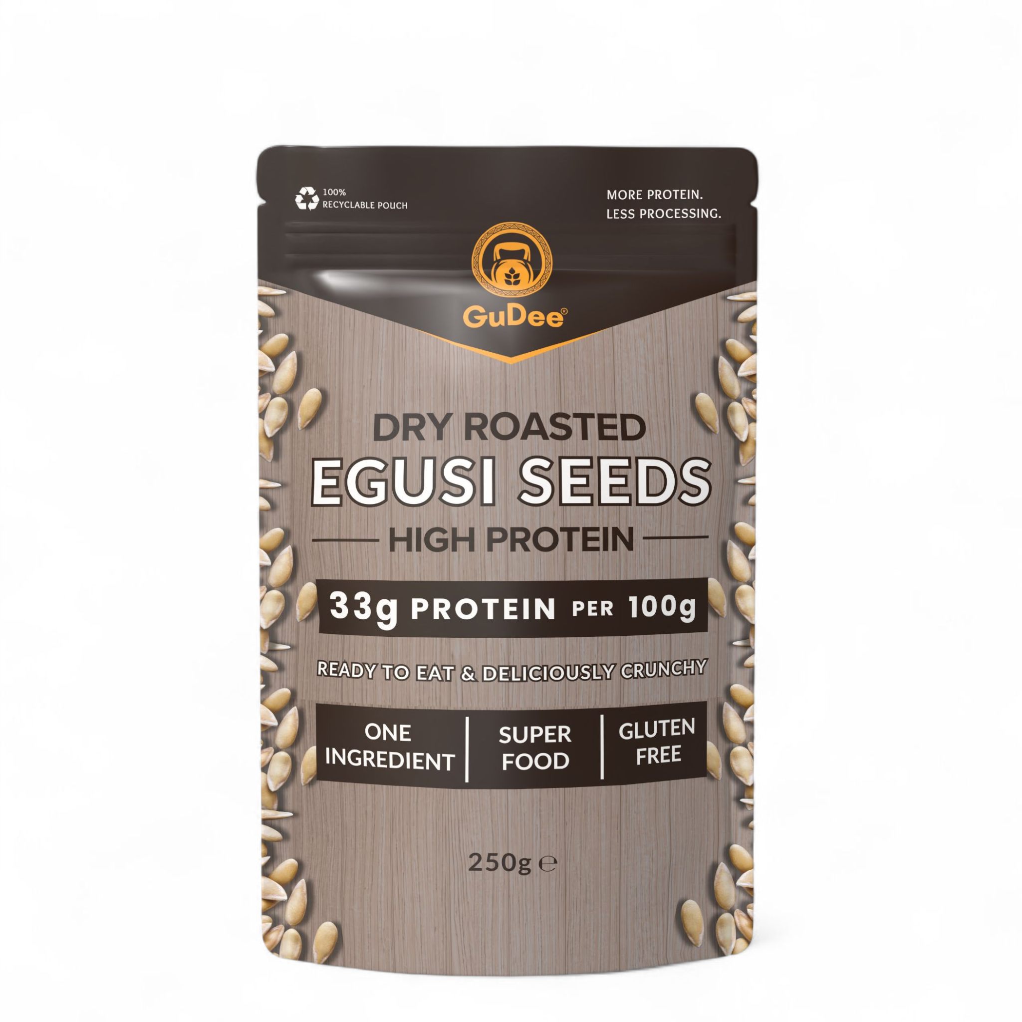 250g Pack of GuDee High Protein Dry Roasted Egusi Seeds on a white background