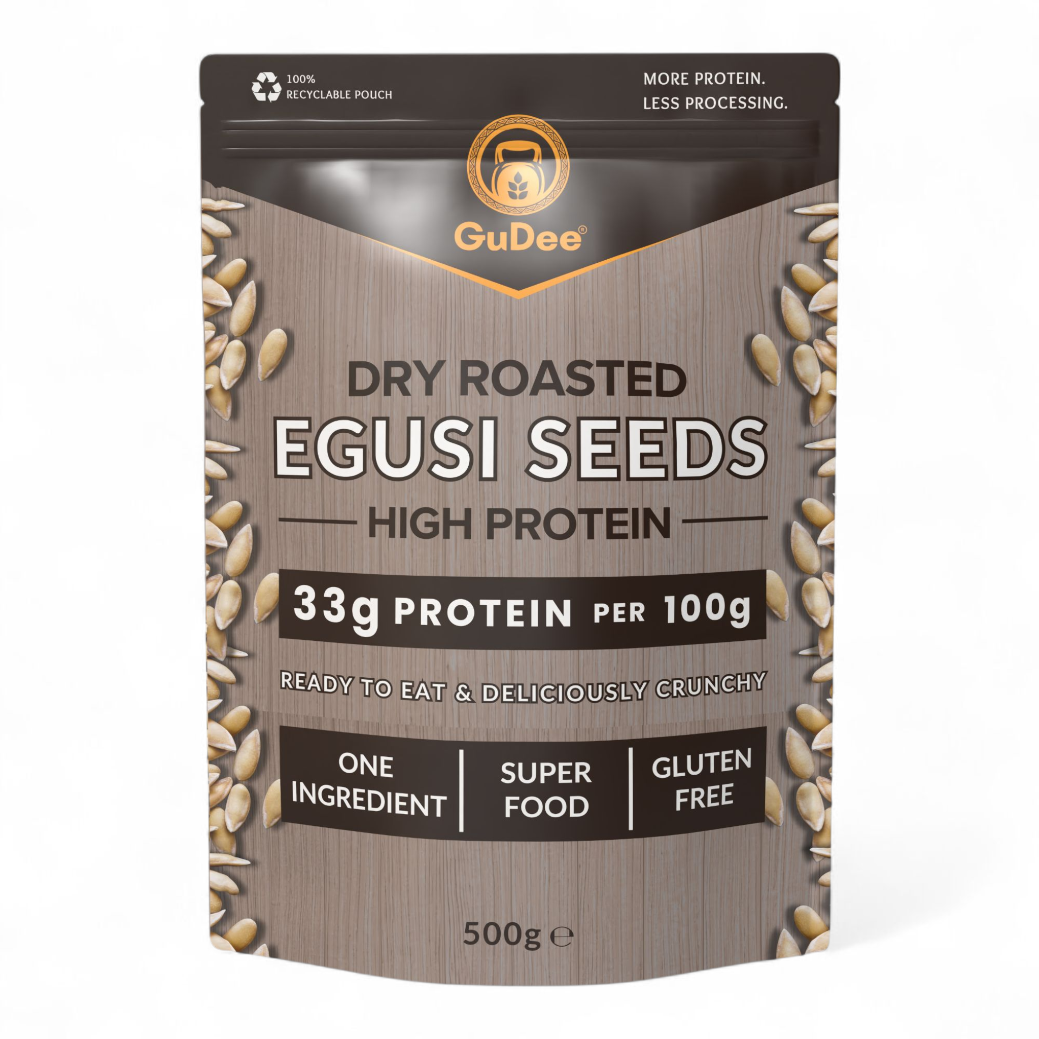 500g Pack of GuDee High Protein Dry Roasted Egusi Seeds on a white background