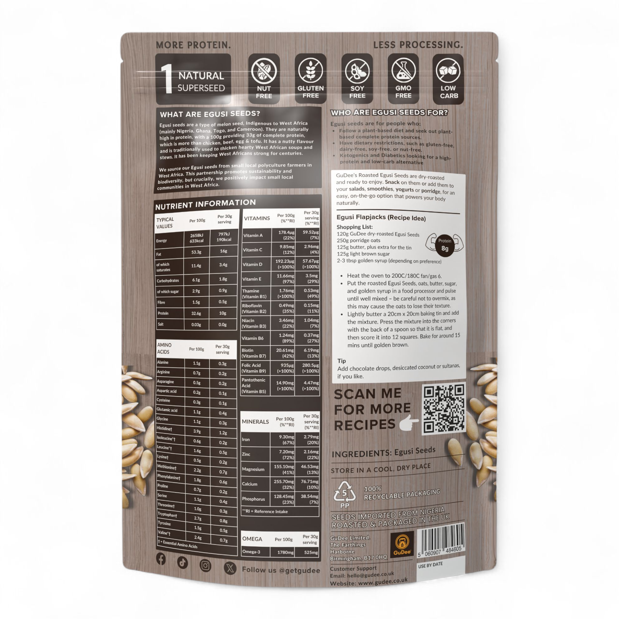 500g Pack of GuDee High Protein Dry Roasted Egusi Seeds on a white background