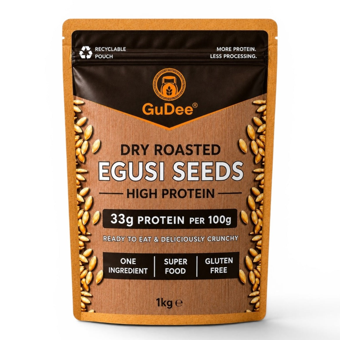 Packaging of GuDee dry roasted egusi seeds on a white background