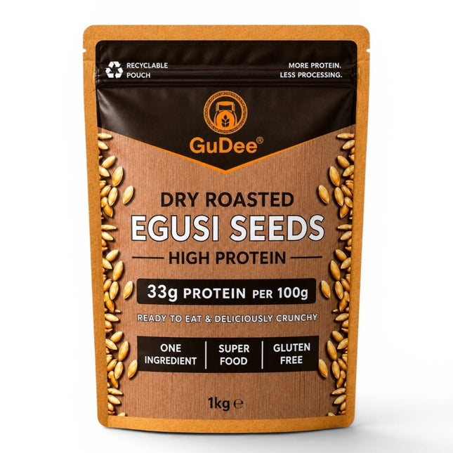 Packaging of GuDee dry roasted egusi seeds on a white background